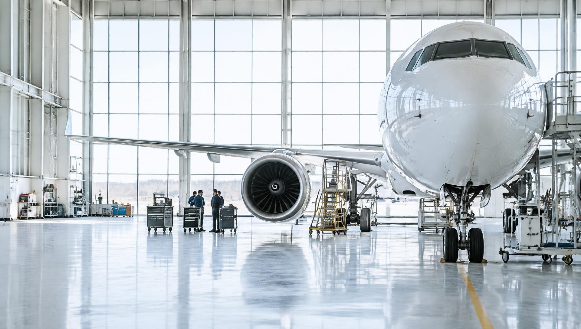 Commercial aircraft in a bright maintenance hangar